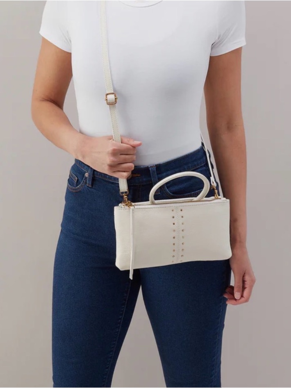 HOBO Ivory Crossbody with Top Handle and Stud Accents